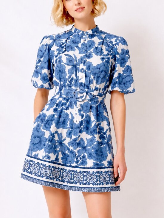 Joie Dresses & Skirts - NWOT Joie Floral Puff Sleeve Shirt Dress (16) Blue & White Belted Fit & Flare